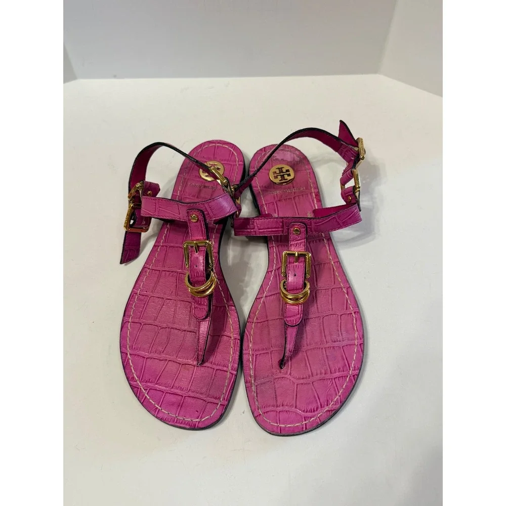 Tory Burch Pink Croc Embossed Leather Miller Sandals Gold Logo Thong Flat 7.5M